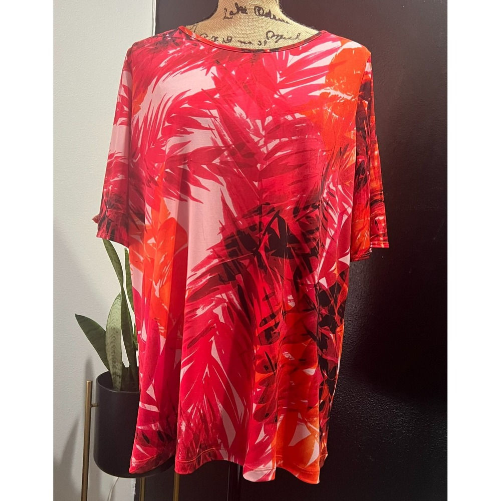 Susan Graver Red Tropical Palm Print Short Sleeve Tunic Top A222473 Womens 1X